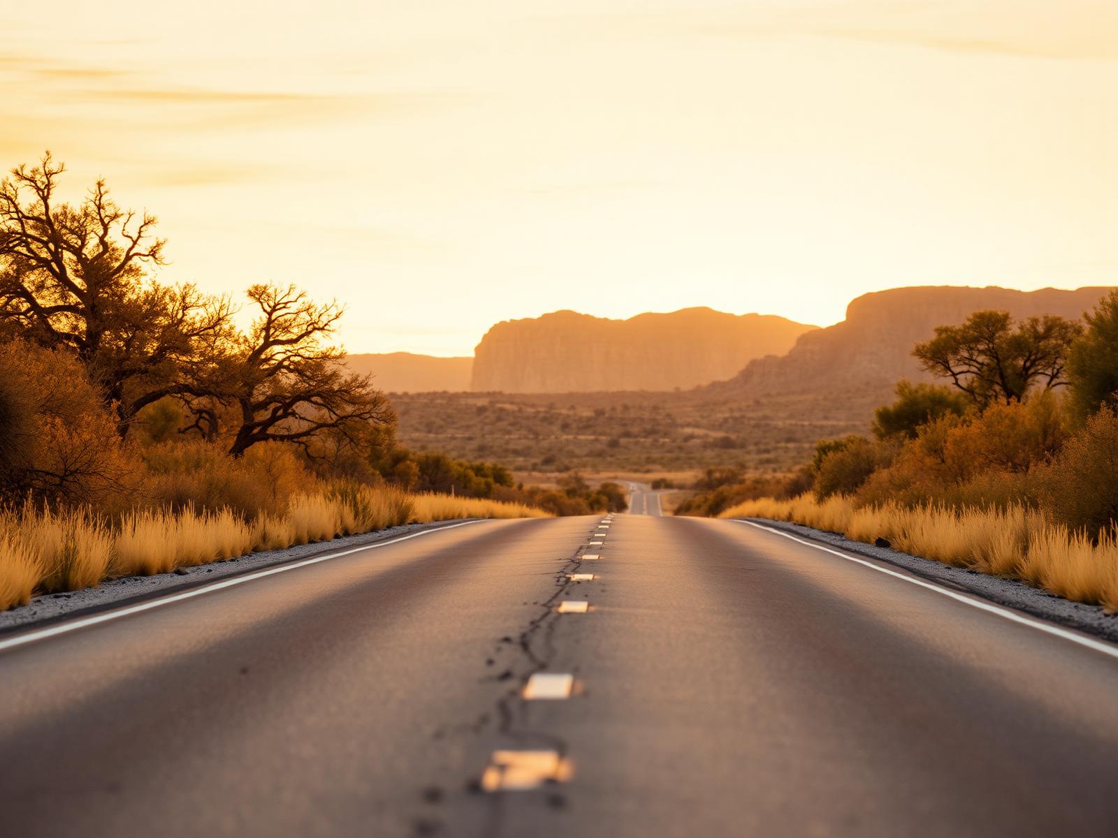 A two-lane road heading west out of Austin at golden hour.
