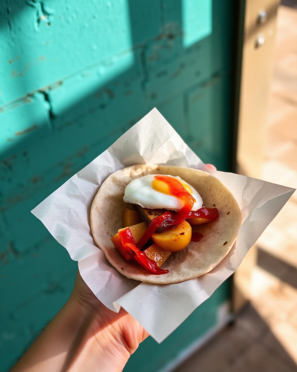 A breakfast taco on parchment held against a turquoise wall.