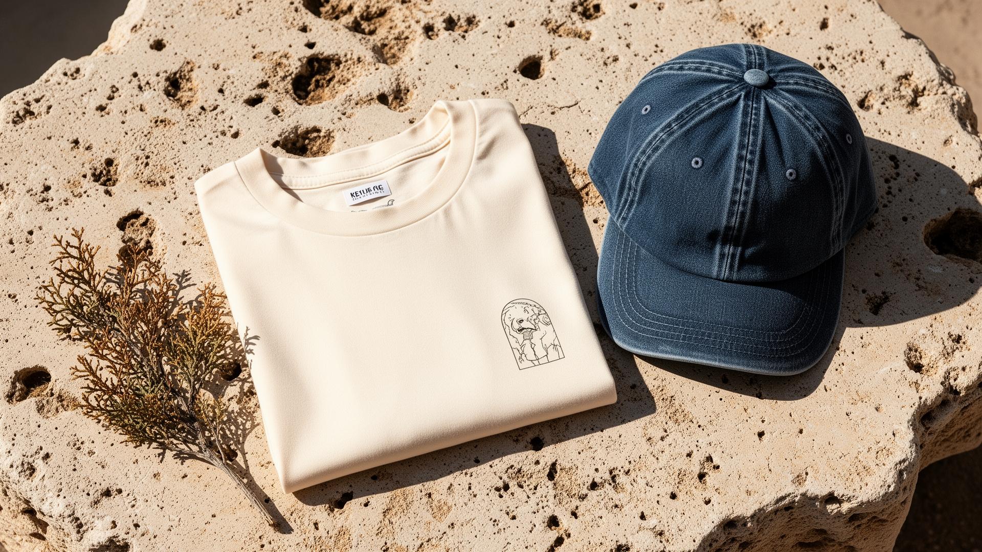 A folded cream tee and a washed indigo cap on a limestone slab in hard sun.
