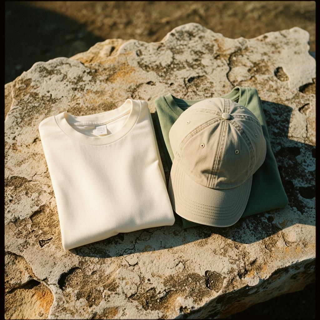 A bone tee, a faded sage tee, and a washed bone cap arranged together on a limestone slab in hard sun.