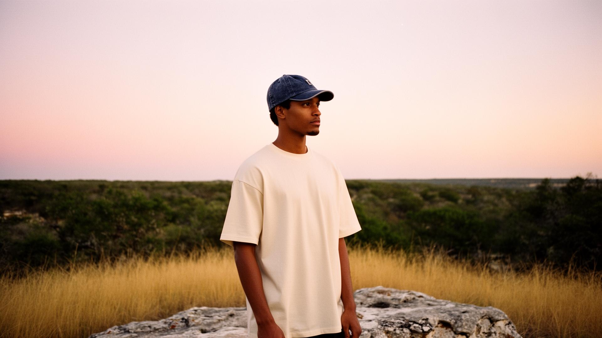 A man in a cream heavyweight t-shirt and washed indigo cap stands in the Texas Hill Country at golden hour.
