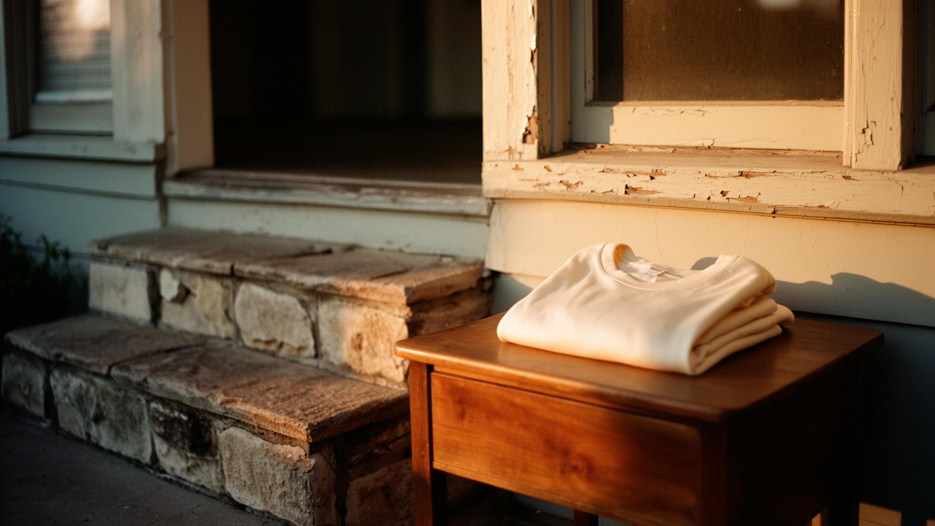 A folded heavyweight cream tee on a worn oak side table beside a weathered limestone porch step at first light in East Austin.
