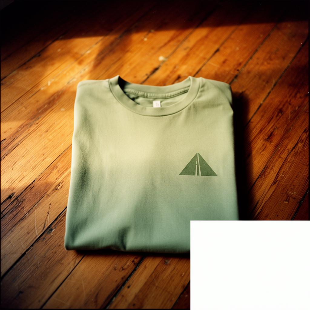 A folded faded sage tee with a small tonal two-lane road print on oak floorboards.