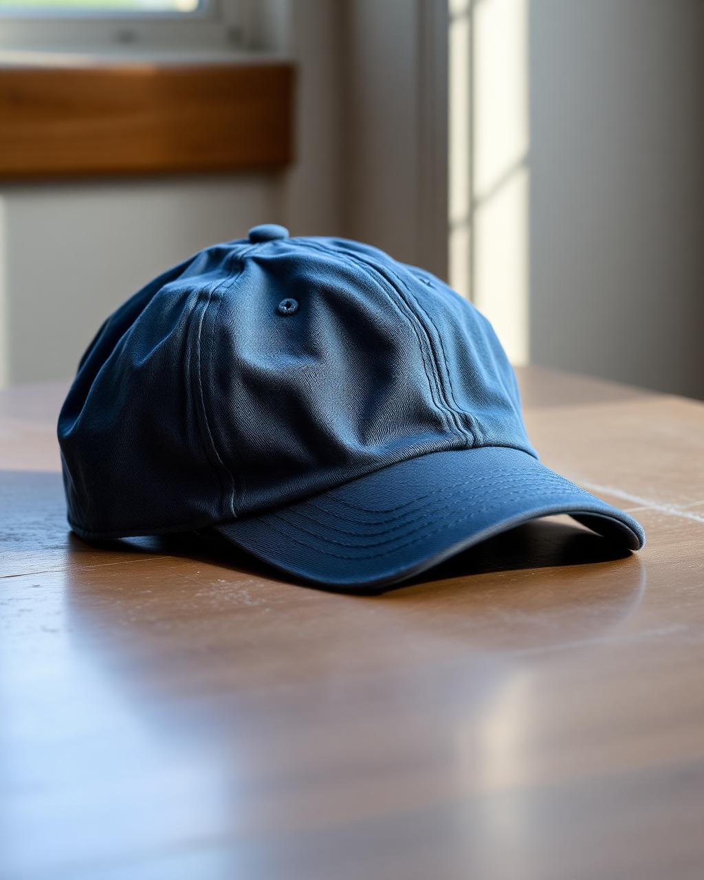 A washed indigo six-panel cotton cap on a wood surface in window light.
