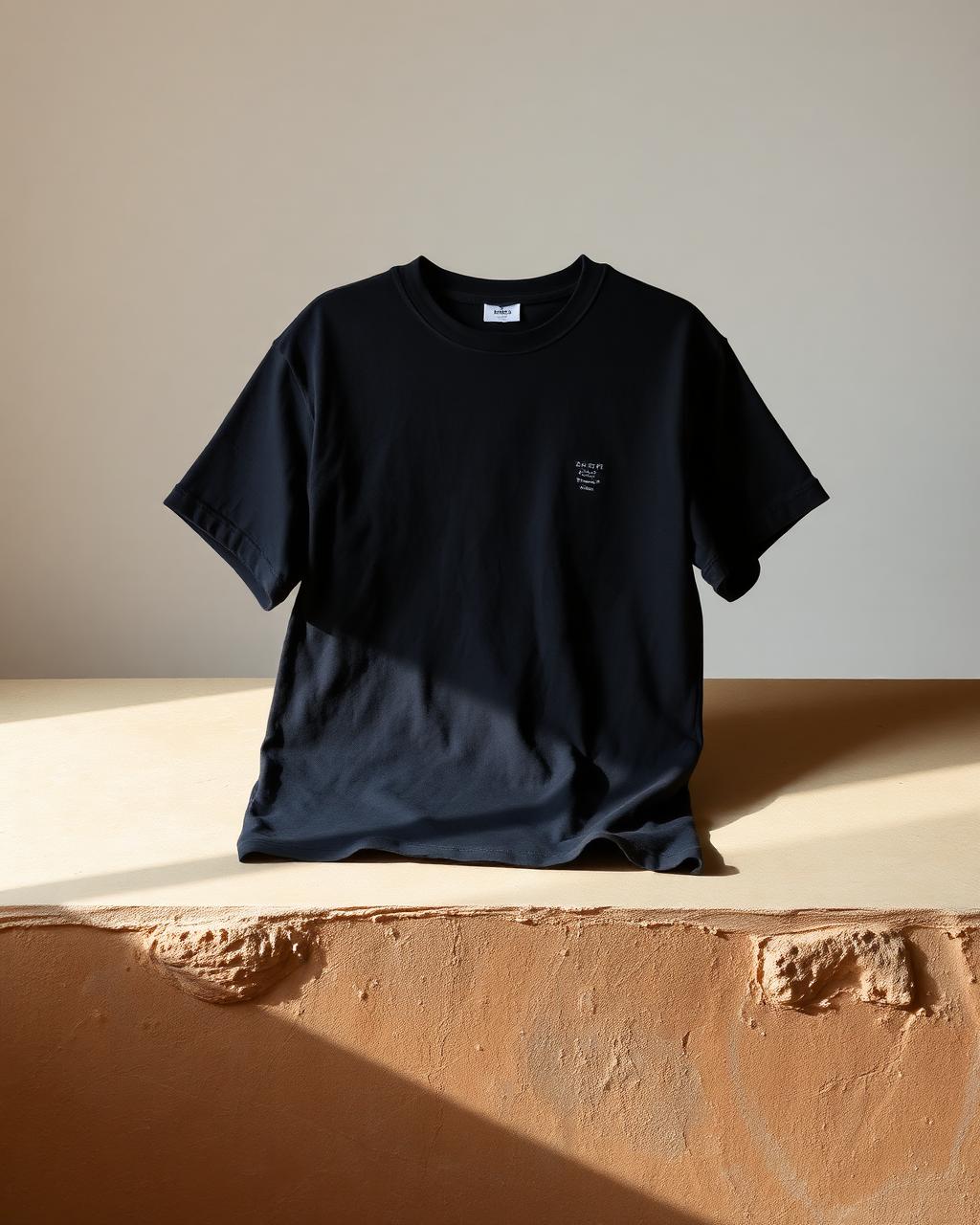 A faded black boxy t-shirt with a small chest print on a limestone slab.