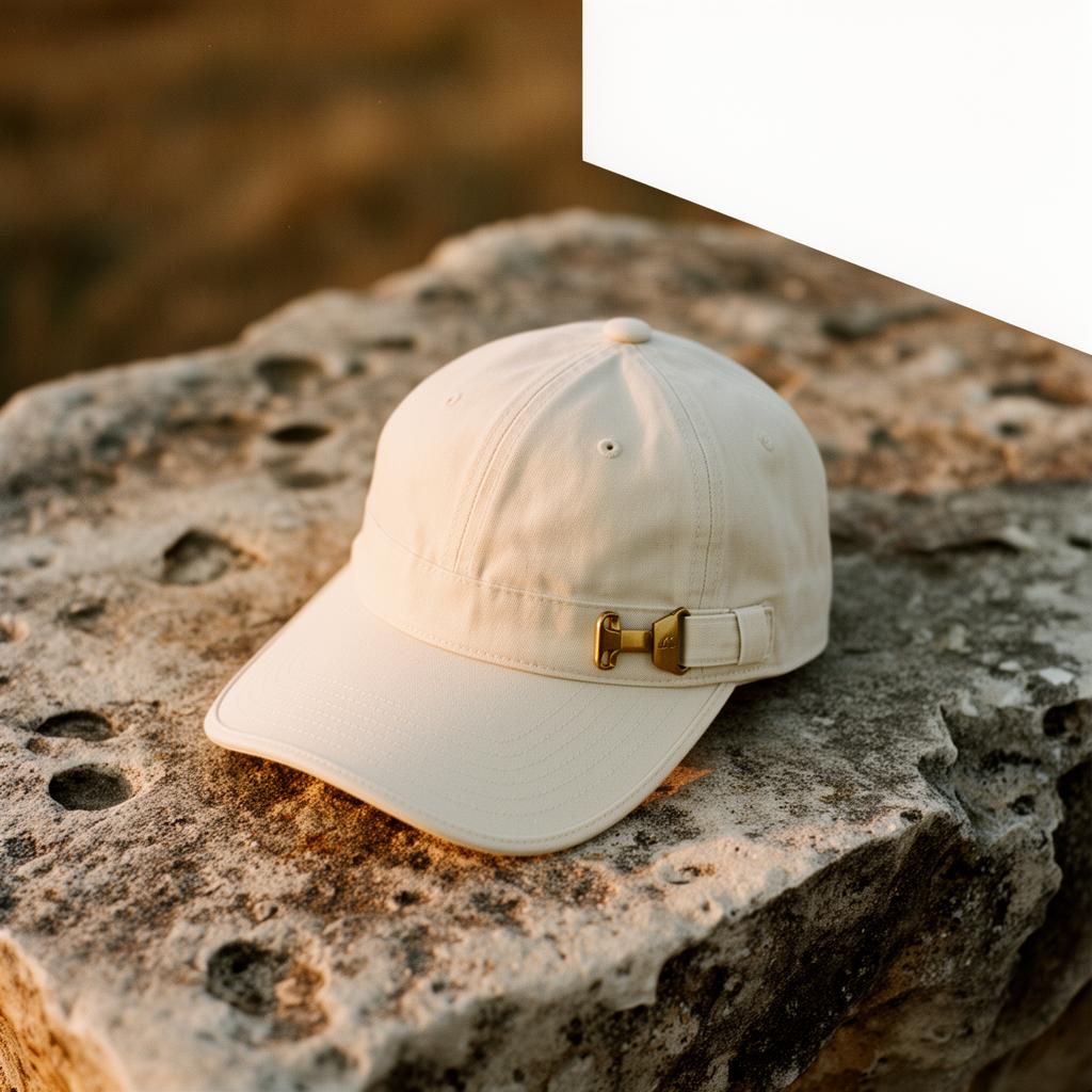 A washed bone six-panel cotton cap with a brass strap slide, on a slab of Texas limestone.