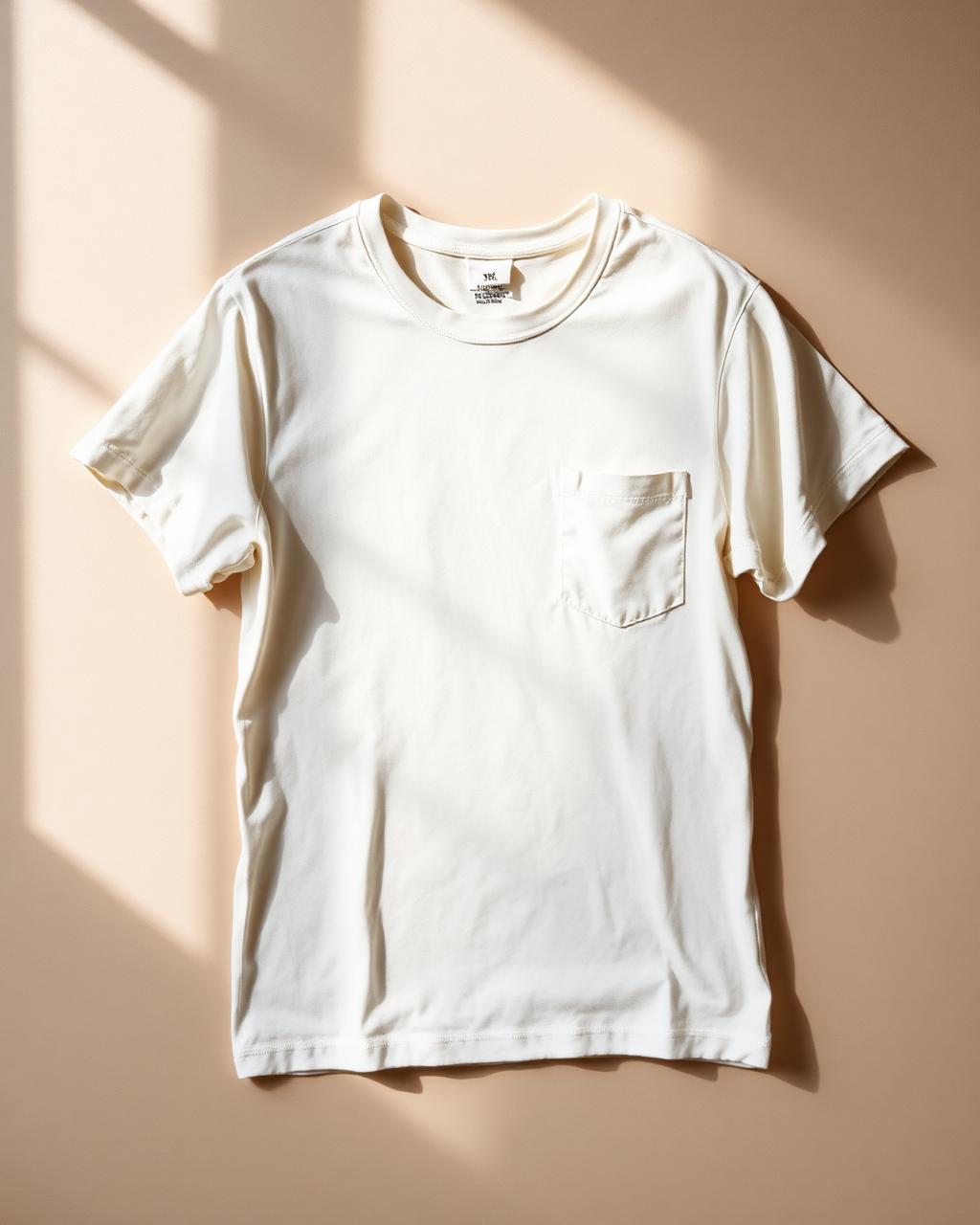 A bone heavyweight pocket t-shirt laid flat in warm window light.
