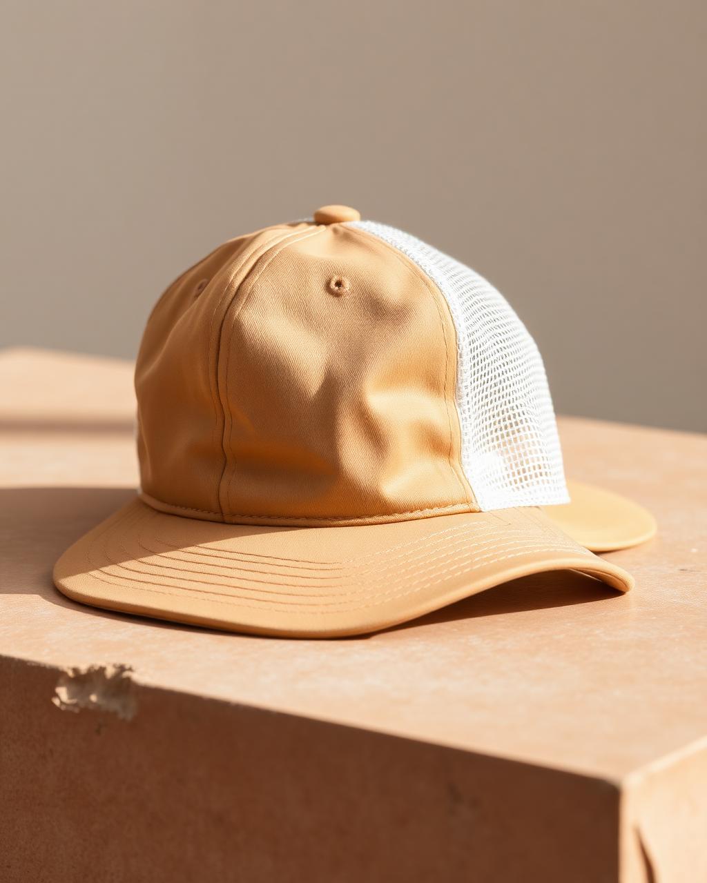 A faded tan trucker cap with cream mesh panels on warm limestone.